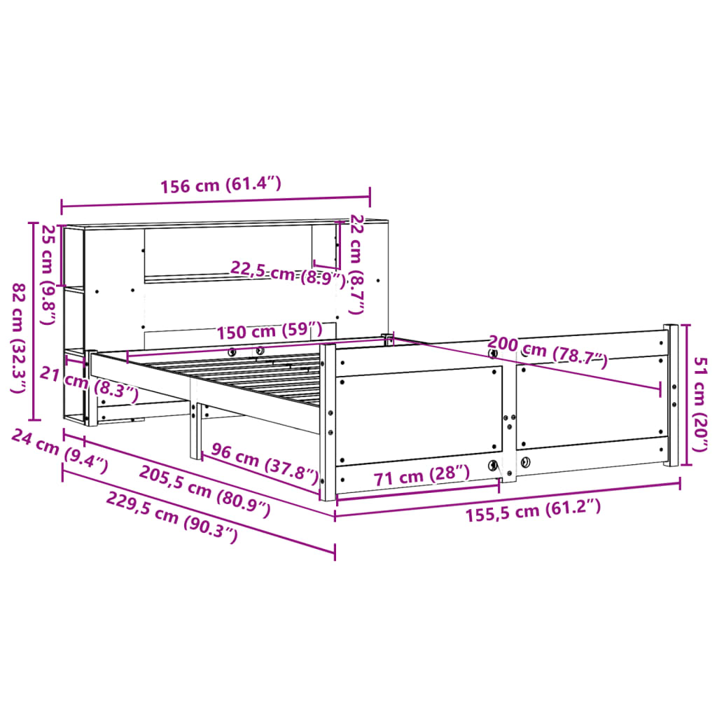 Bed met boekenkast zonder matras grenenhout wit 150x200 cm