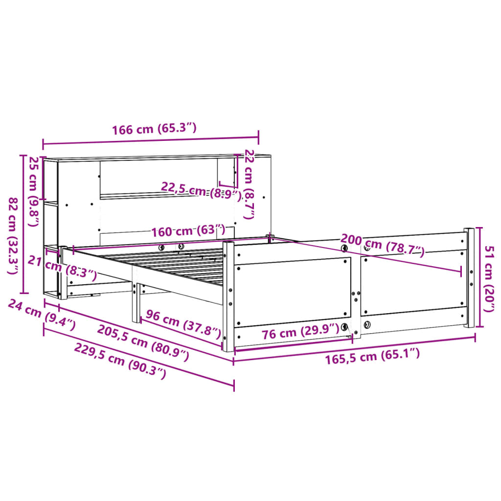 Bed met boekenkast zonder matras grenenhout wit 160x200 cm