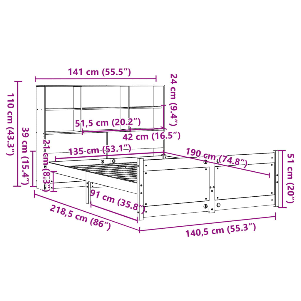 Bed met boekenkast zonder matras grenenhout wit 135x190 cm