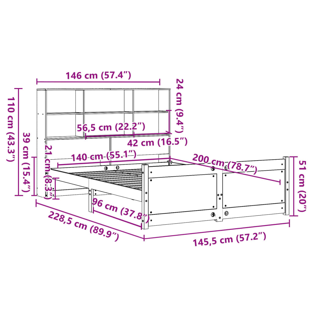 Bed met boekenkast zonder matras grenenhout wit 140x200 cm