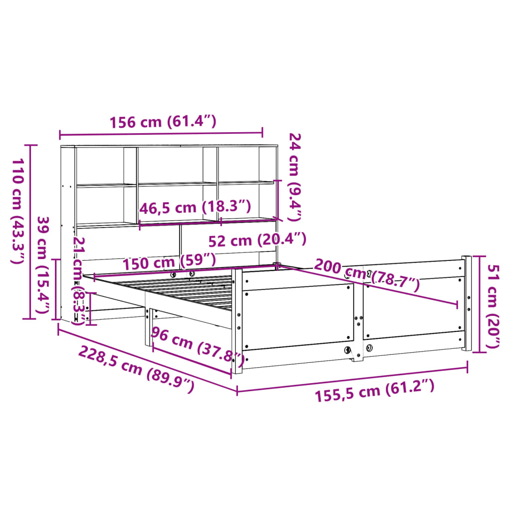 Bed met boekenkast zonder matras grenenhout wit 150x200 cm