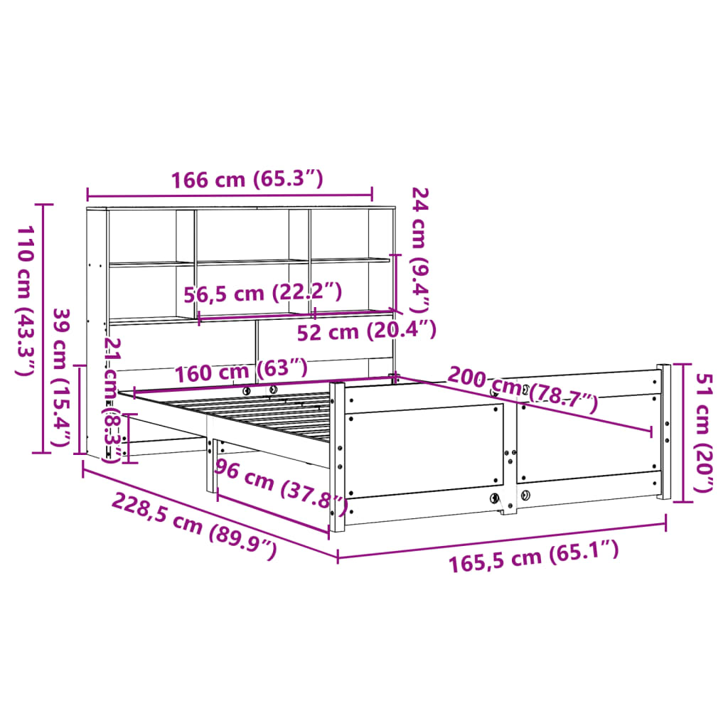 Bed met boekenkast zonder matras grenenhout wit 160x200 cm