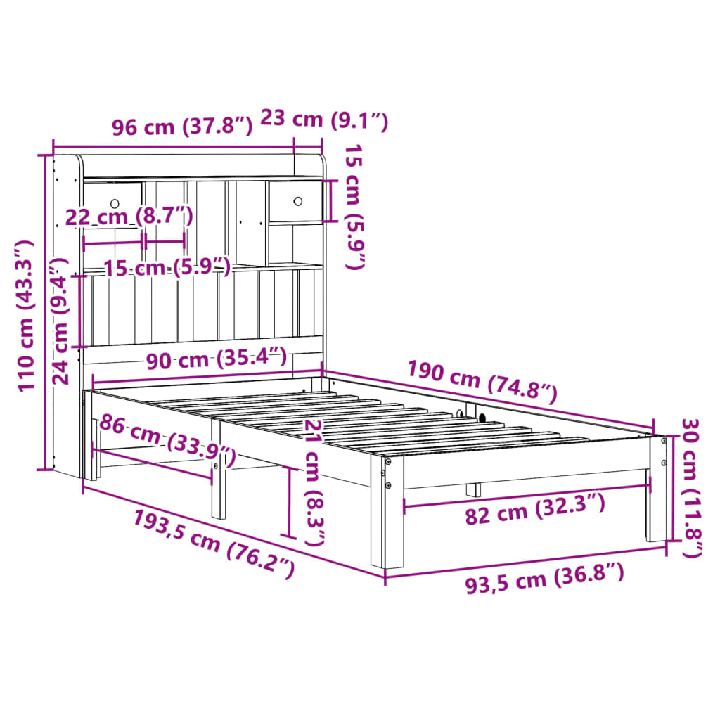 Bed met boekenkast zonder matras massief grenenhout 90x190 cm Bedden & bedframes | Creëer jouw Trendy Thuis | Gratis bezorgd & Retour | Trendy.nl