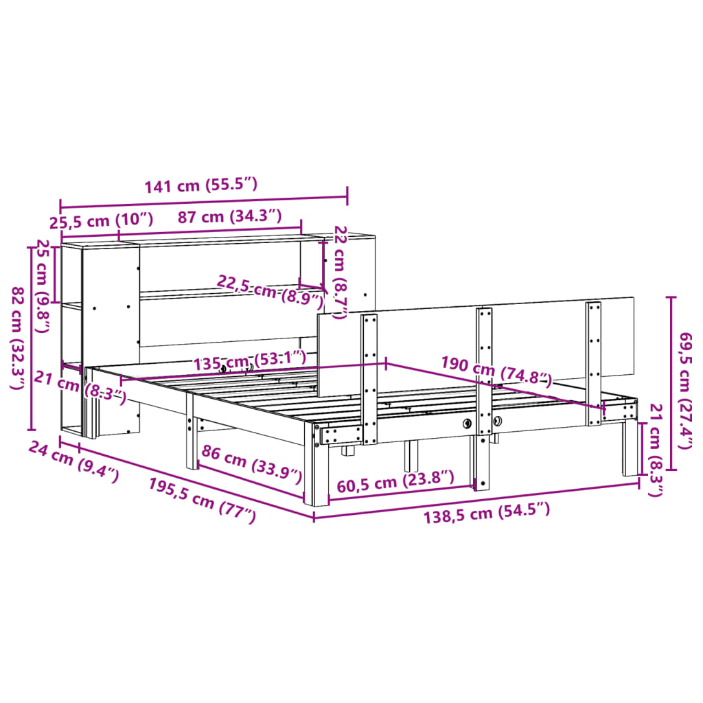 Bed met boekenkast zonder matras grenenhout wit 135x190 cm