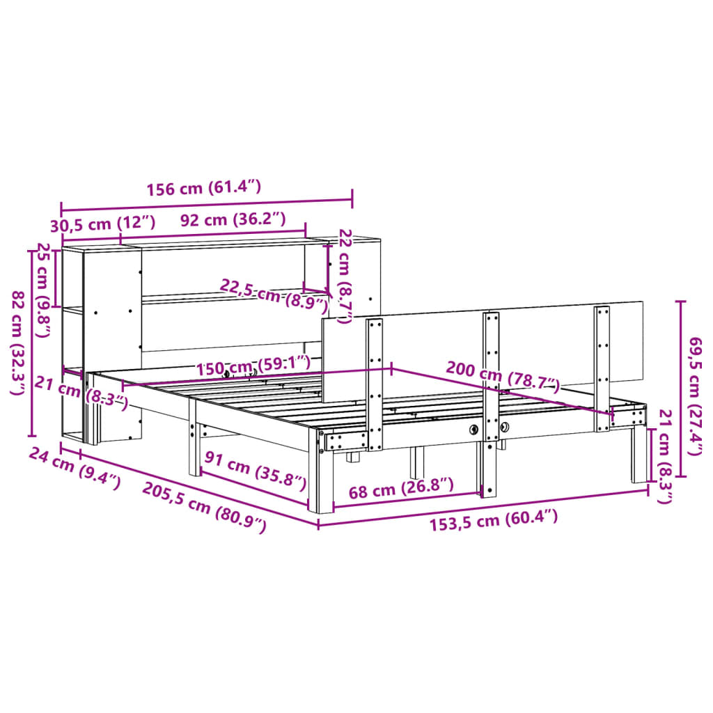 Bed met boekenkast zonder matras grenenhout wit 150x200 cm