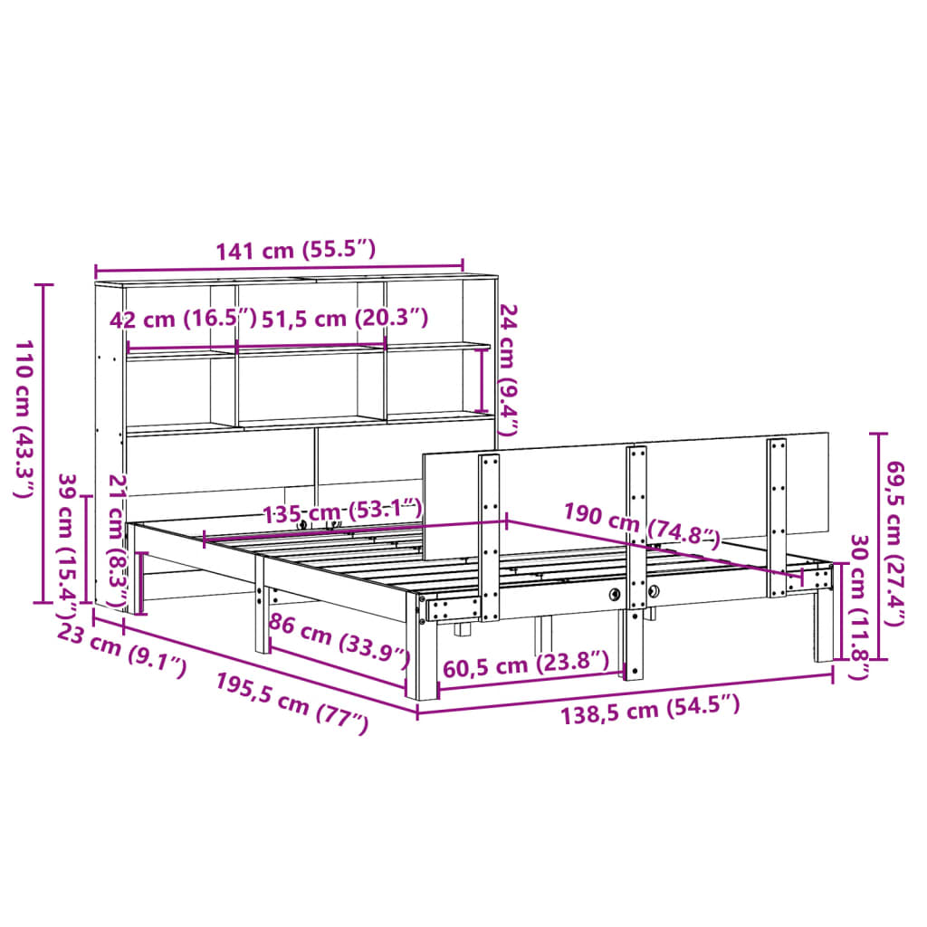 Bed met boekenkast zonder matras grenenhout wit 135x190 cm