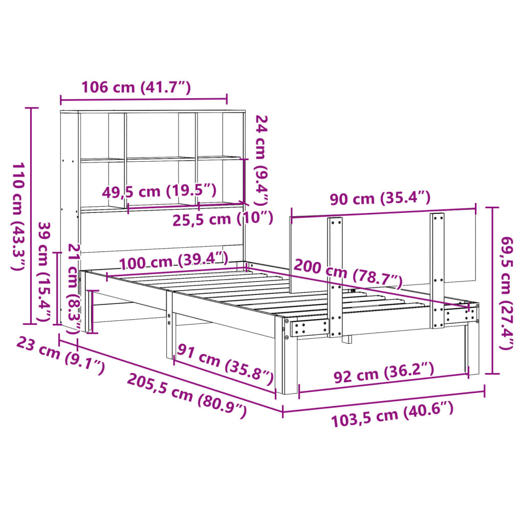 Bed met boekenkast zonder matras grenenhout wit 100x200 cm