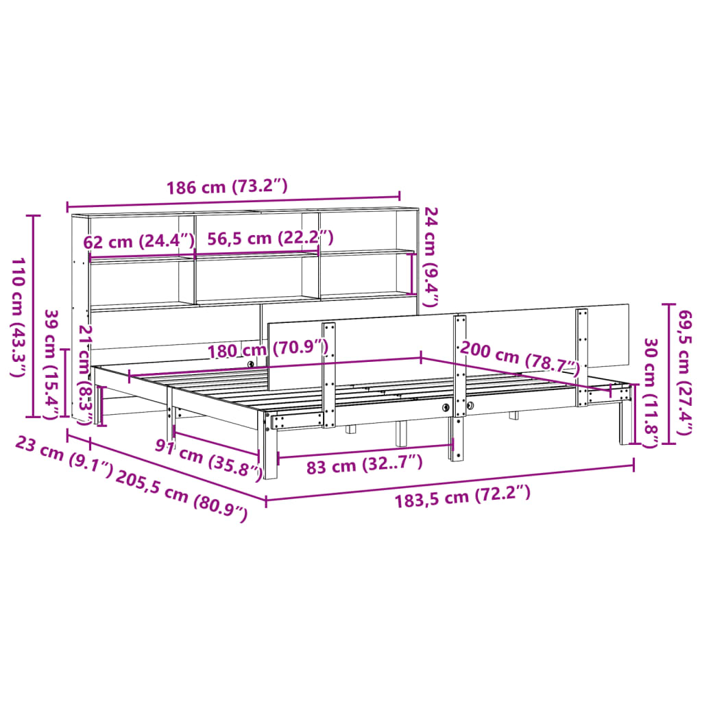 Bed met boekenkast zonder matras grenenhout wit 180x200 cm