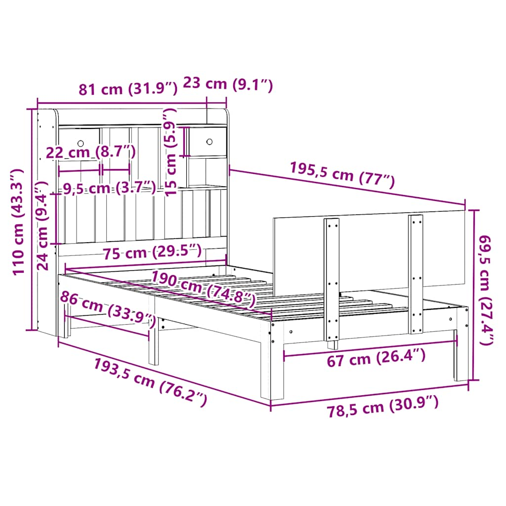 Bed met boekenkast zonder matras grenenhout wit 75x190 cm