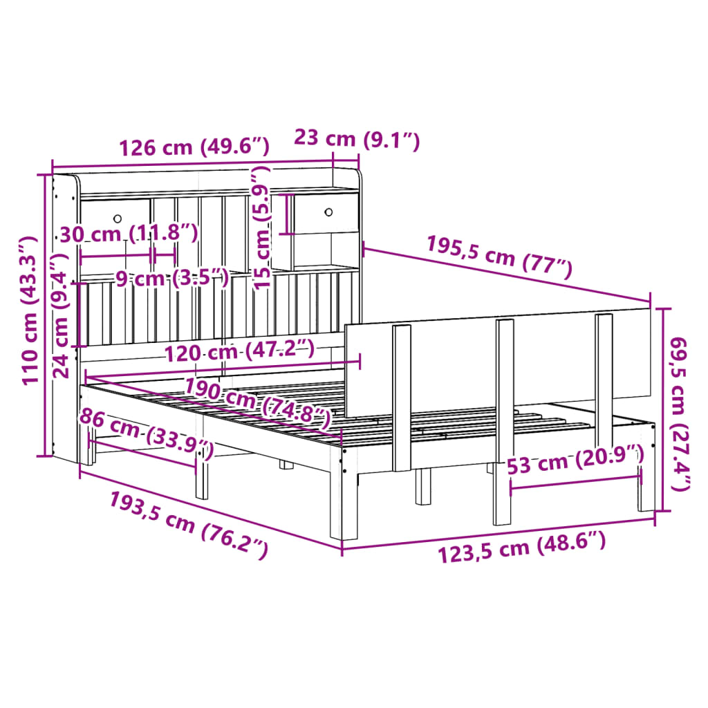 Bed met boekenkast zonder matras grenenhout wit 120x190 cm