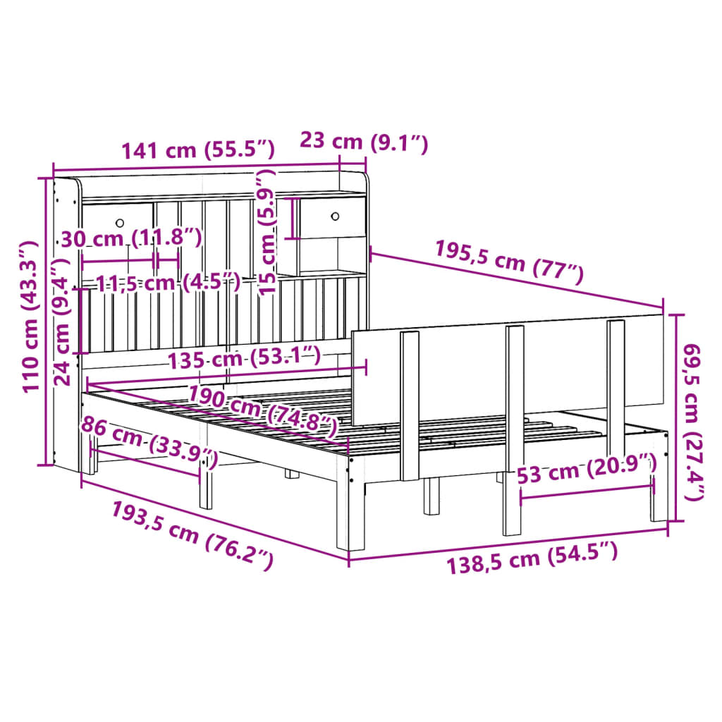 Bed met boekenkast zonder matras grenenhout wit 135x190 cm