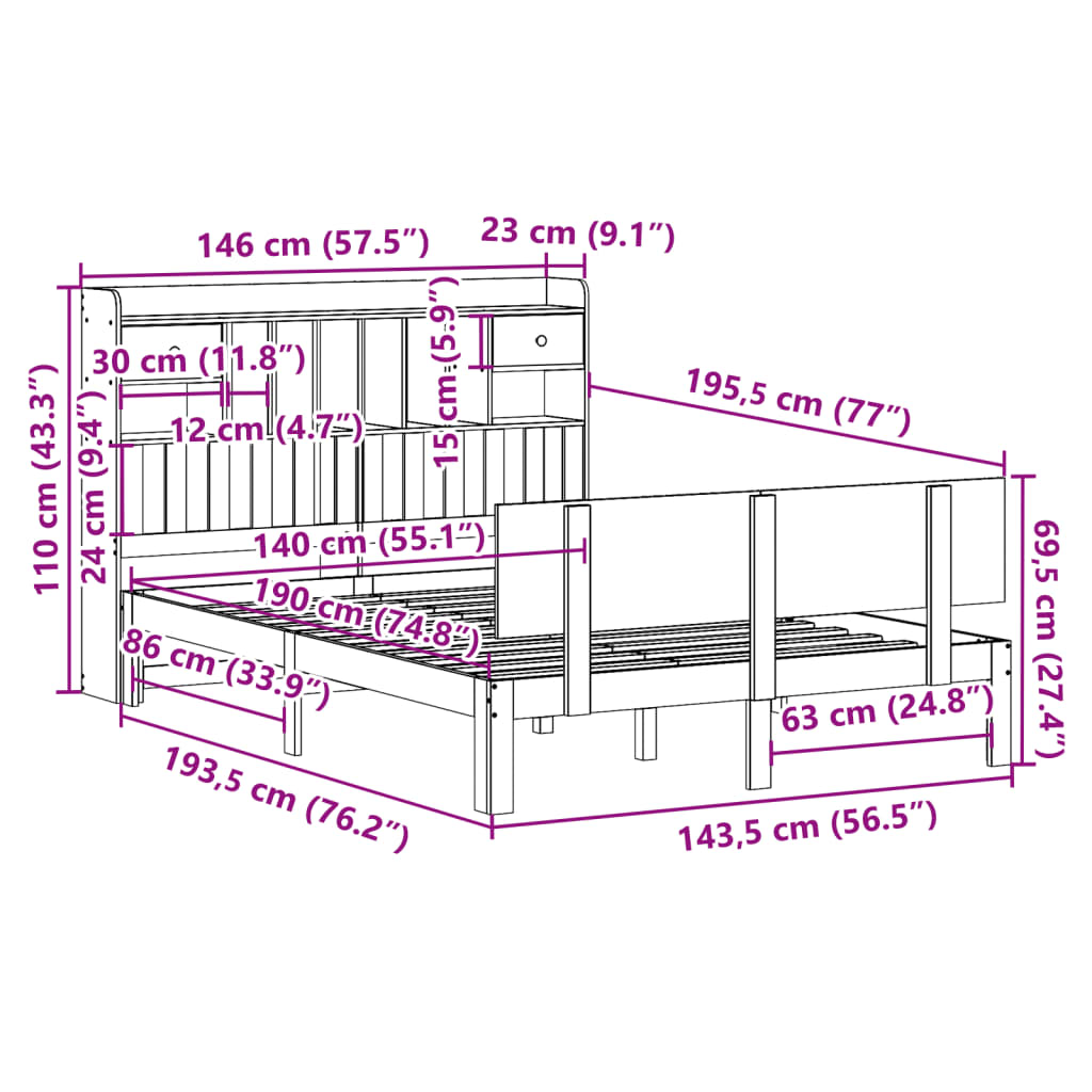 Bed met boekenkast zonder matras grenenhout wit 140x190 cm