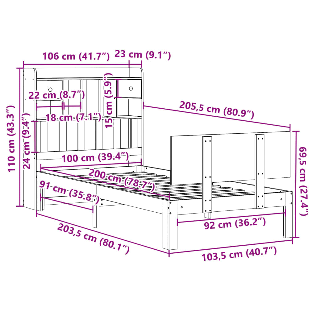 Bed met boekenkast zonder matras grenenhout wit 100x200 cm