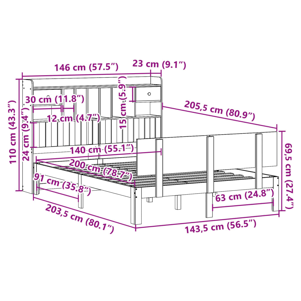 Bed met boekenkast zonder matras grenenhout wit 140x200 cm