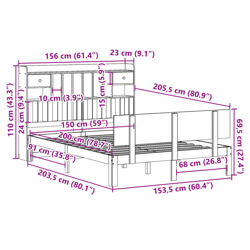 Bed met boekenkast zonder matras grenenhout wit 150x200 cm