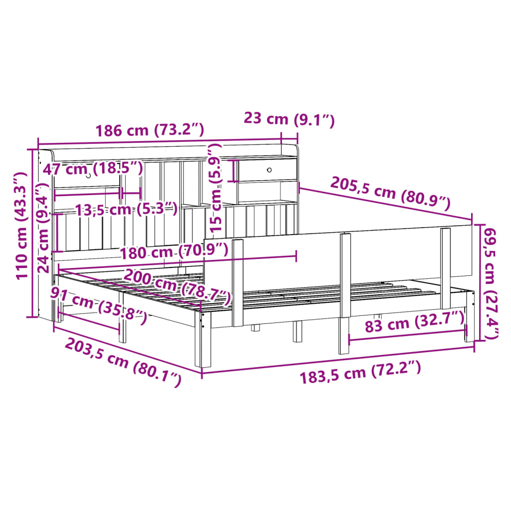 Bed met boekenkast zonder matras grenenhout wit 180x200 cm