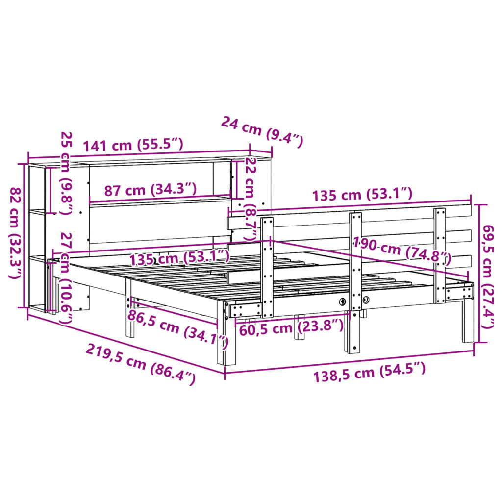 Bed met boekenkast zonder matras grenenhout wit 135x190 cm