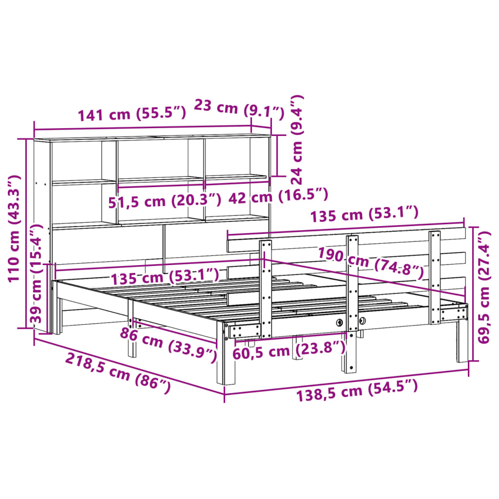 Bed met boekenkast zonder matras grenenhout wit 135x190 cm