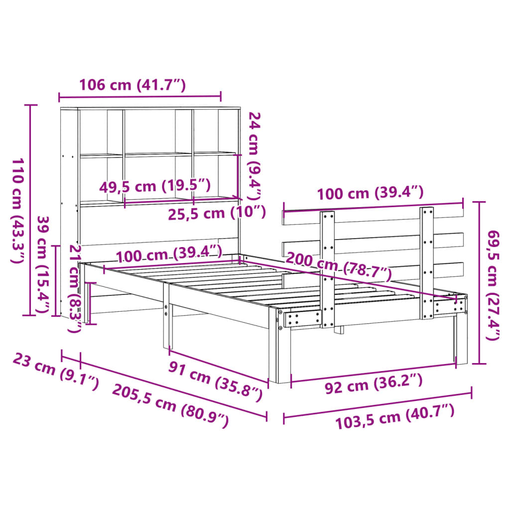 Bed met boekenkast zonder matras grenenhout wit 100x200 cm