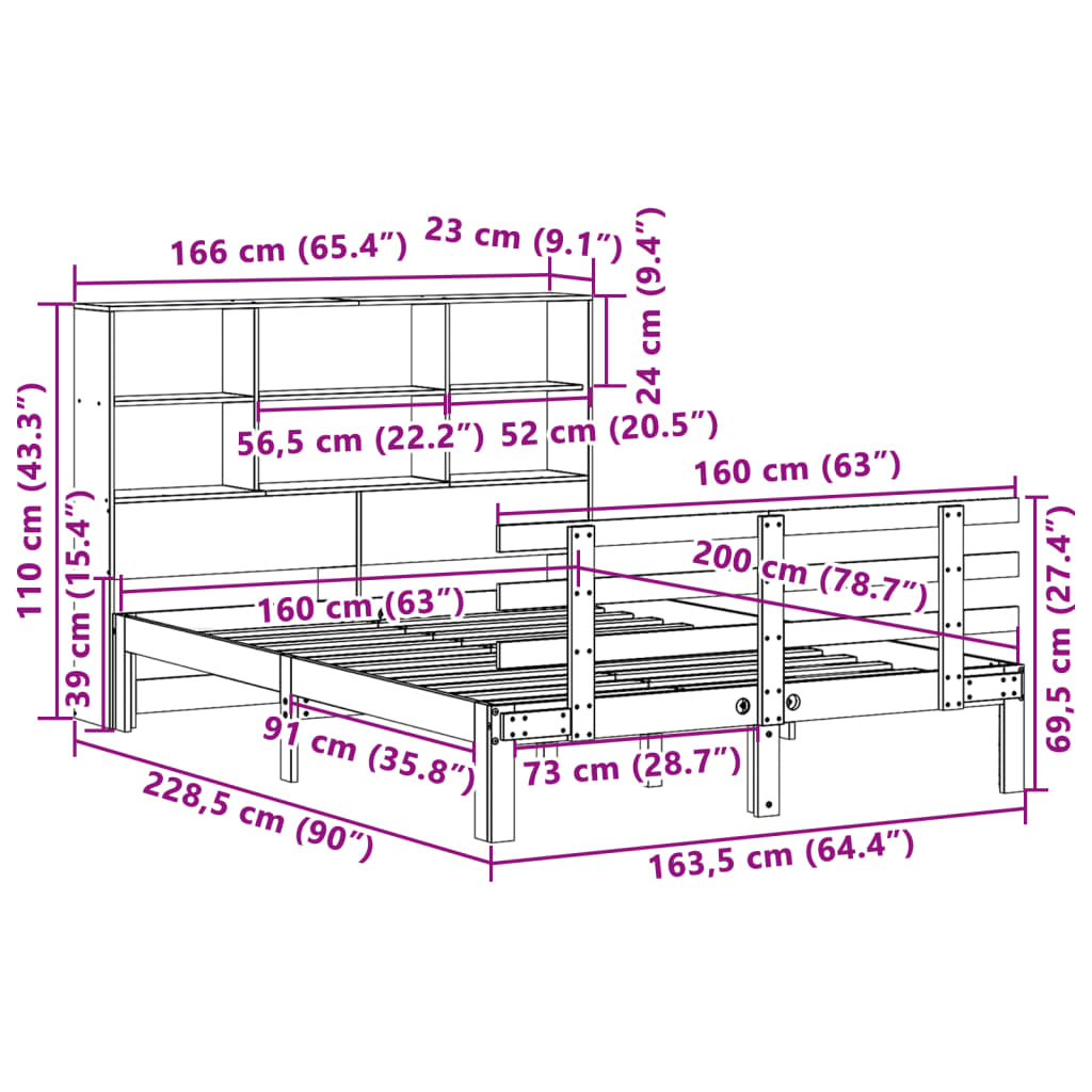 Bed met boekenkast zonder matras grenenhout wit 160x200 cm