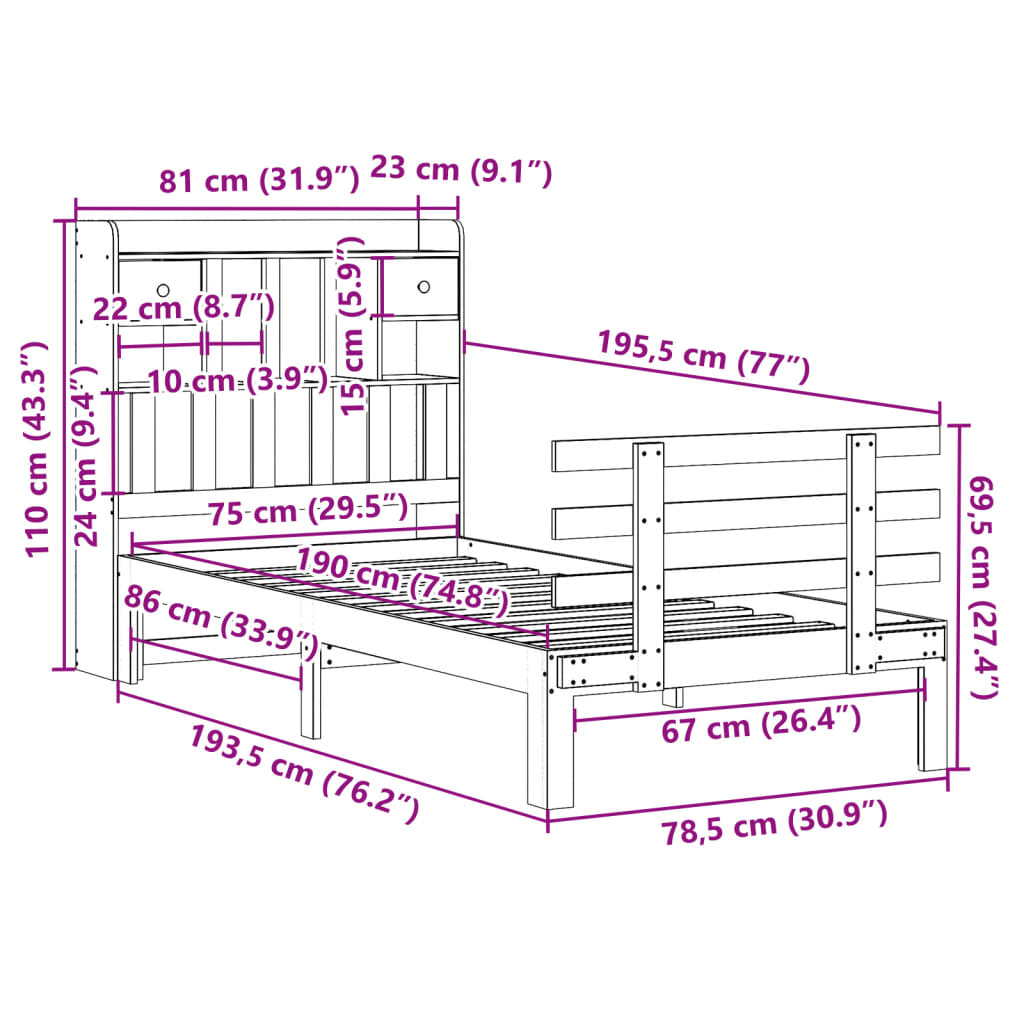 Bed met boekenkast zonder matras grenenhout wit 75x190 cm