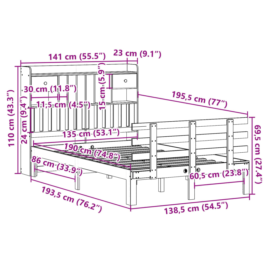 Bed met boekenkast zonder matras grenenhout wit 135x190 cm