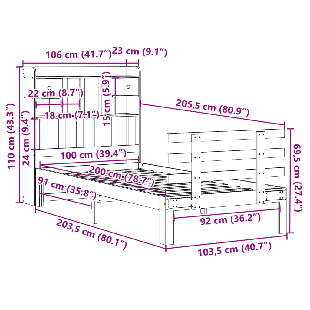 Bed met boekenkast zonder matras grenenhout wit 100x200 cm