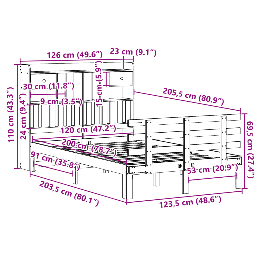 Bed met boekenkast zonder matras grenenhout wit 120x200 cm