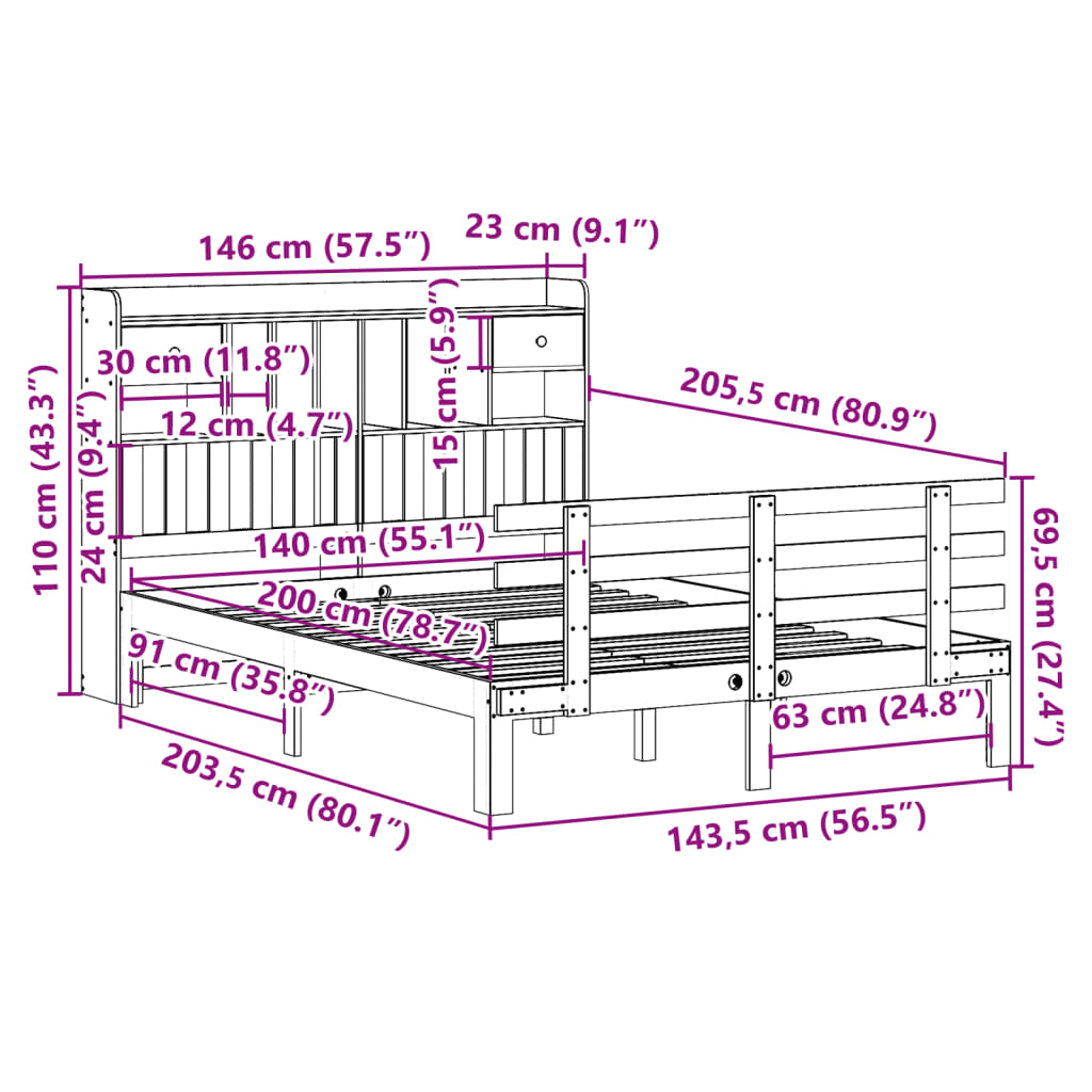 Bed met boekenkast zonder matras grenenhout wit 140x200 cm