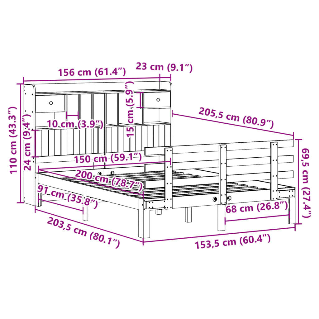 Bed met boekenkast zonder matras grenenhout wit 150x200 cm