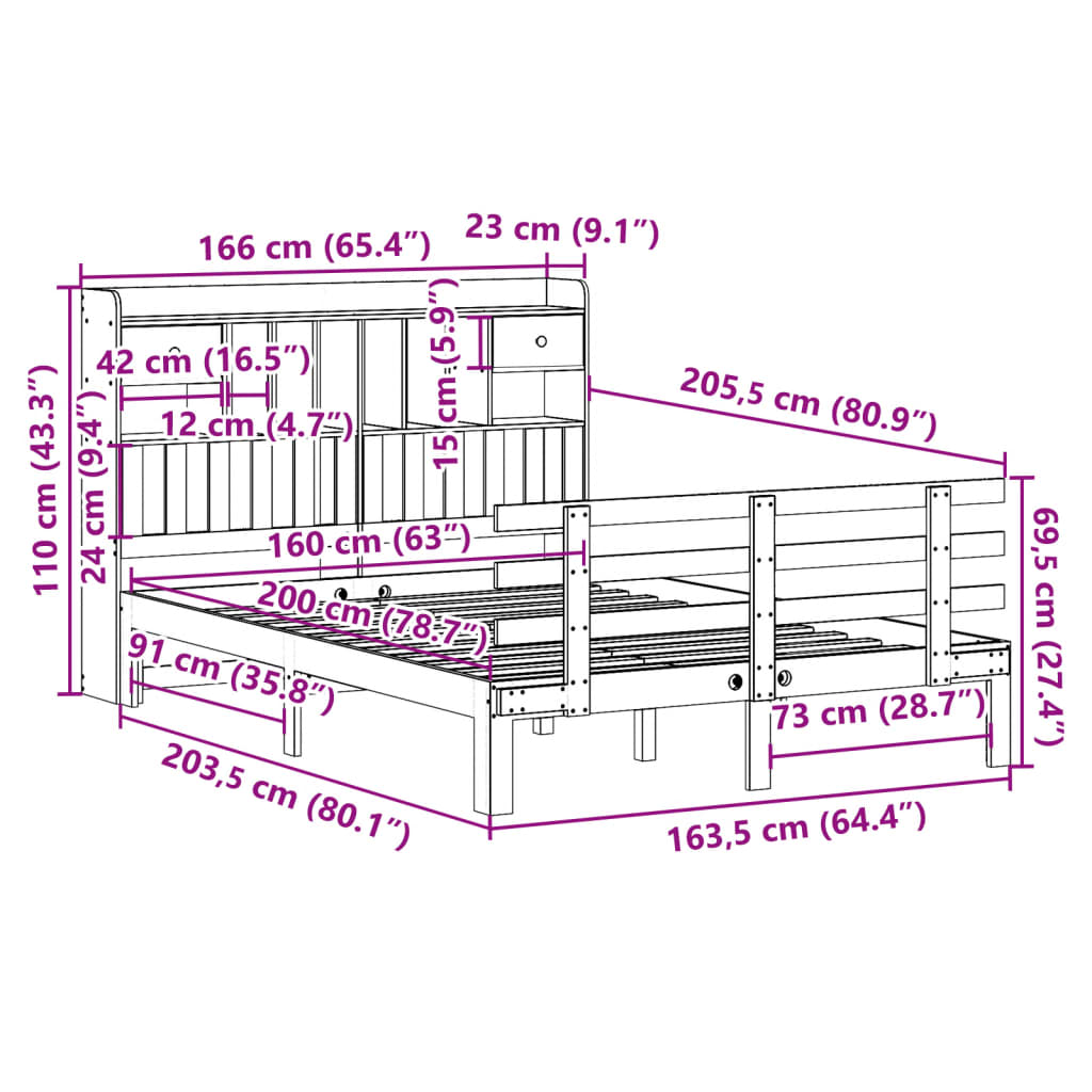 Bed met boekenkast zonder matras grenenhout wit 160x200 cm