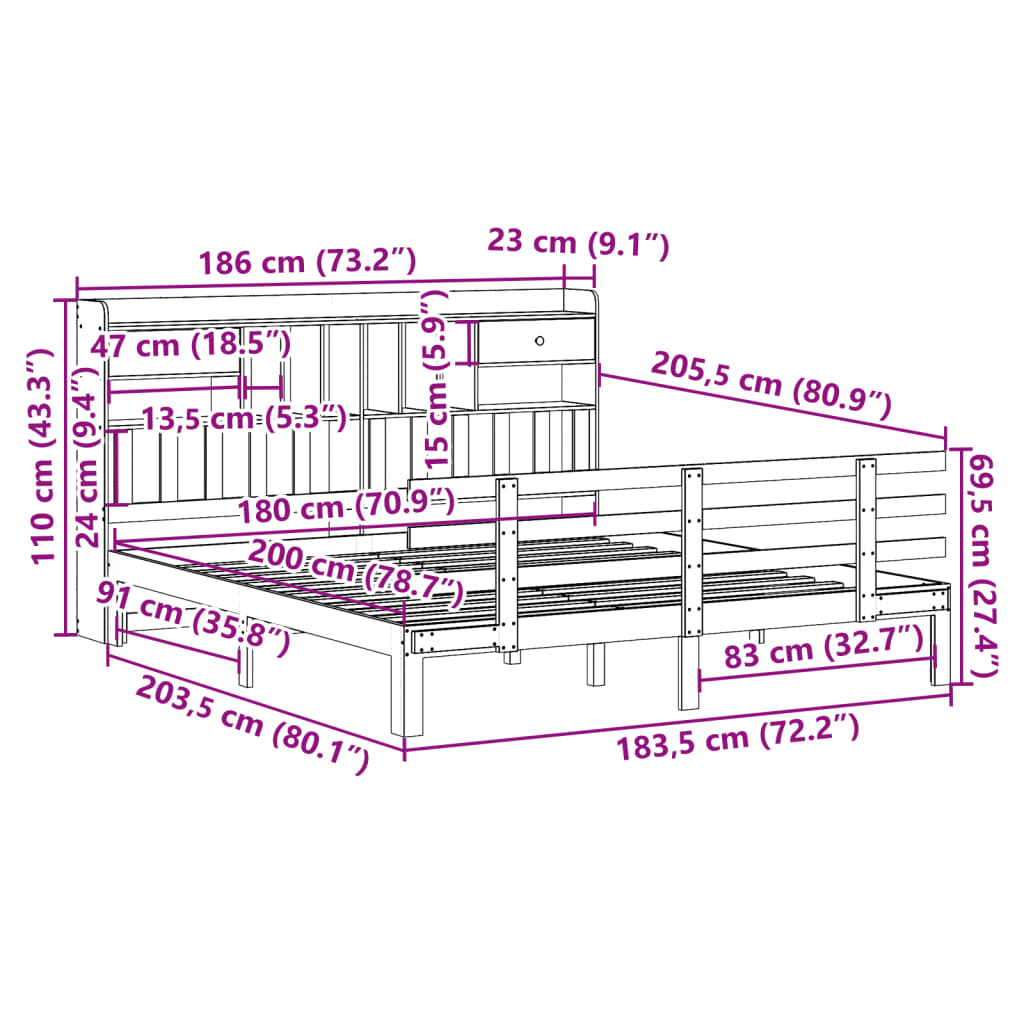 Bed met boekenkast zonder matras grenenhout wit 180x200 cm