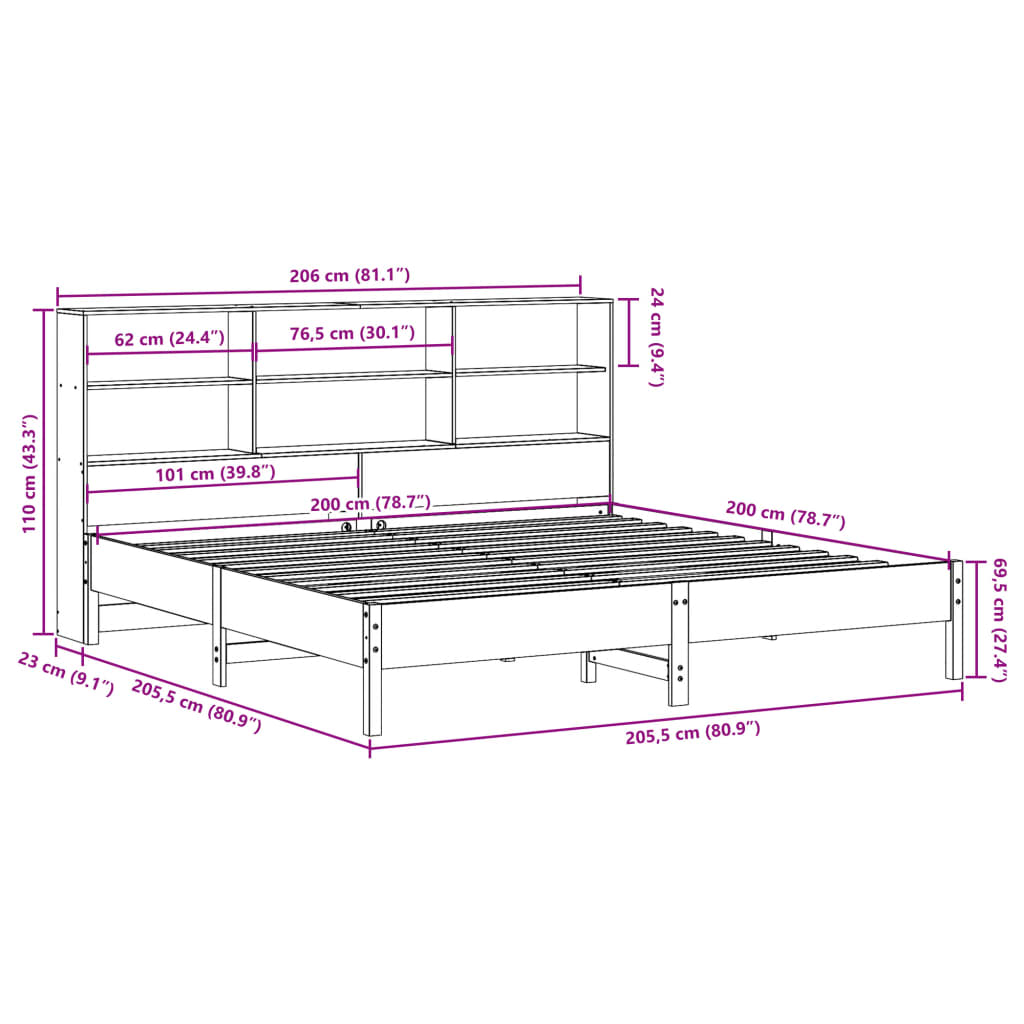 Bed met boekenkast zonder matras grenenhout wasbruin 200x200 cm Bedden & bedframes | Creëer jouw Trendy Thuis | Gratis bezorgd & Retour | Trendy.nl