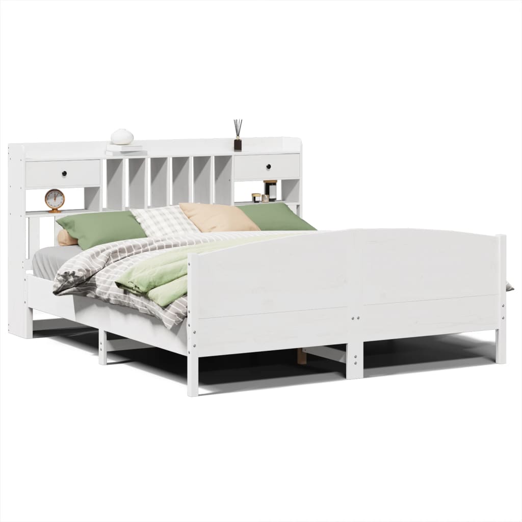 Bed met boekenkast zonder matras grenenhout wit 200x200 cm