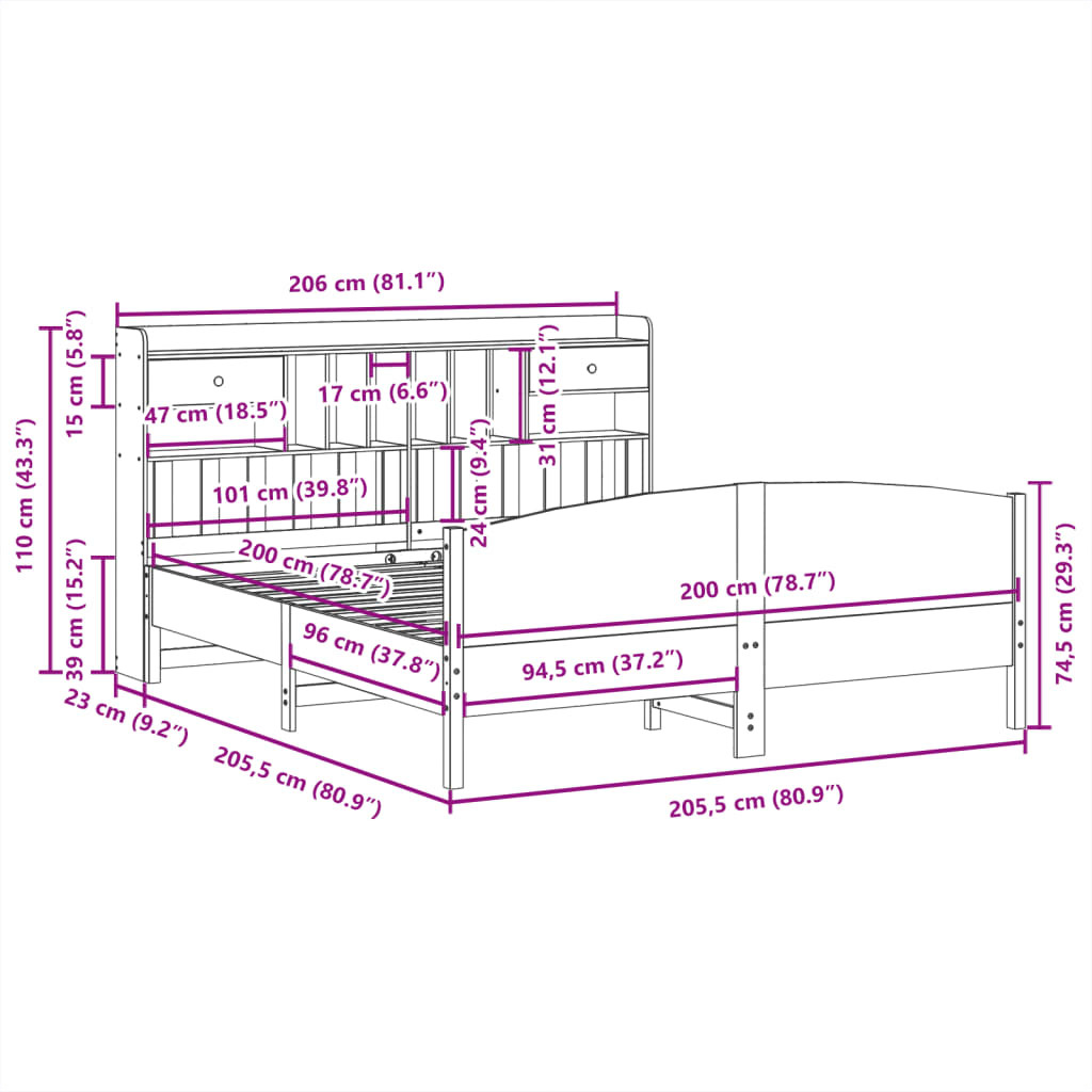 Bed met boekenkast zonder matras grenenhout wit 200x200 cm