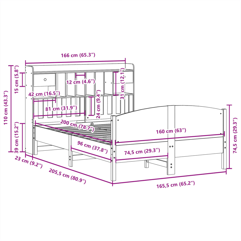 Bed met boekenkast zonder matras grenenhout wit 160x200 cm