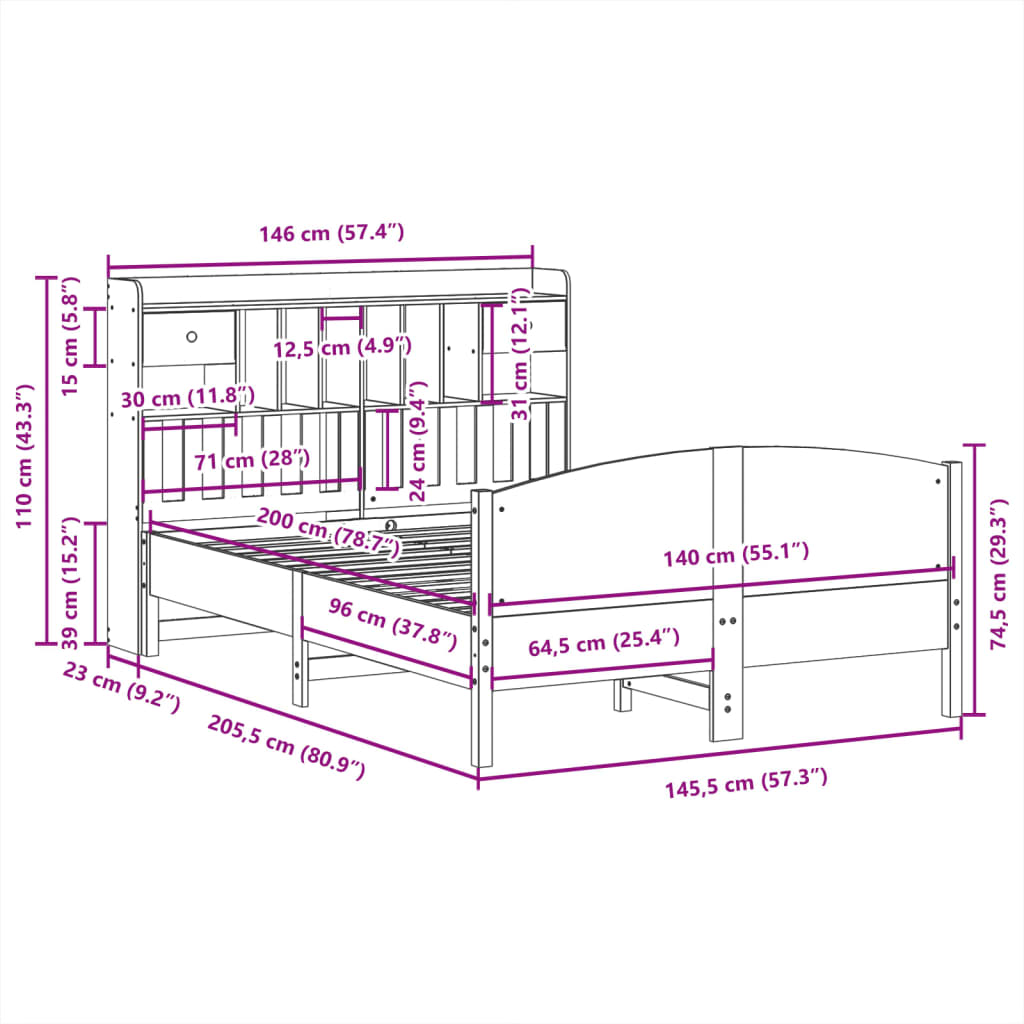 Bed met boekenkast zonder matras grenenhout wit 140x200 cm