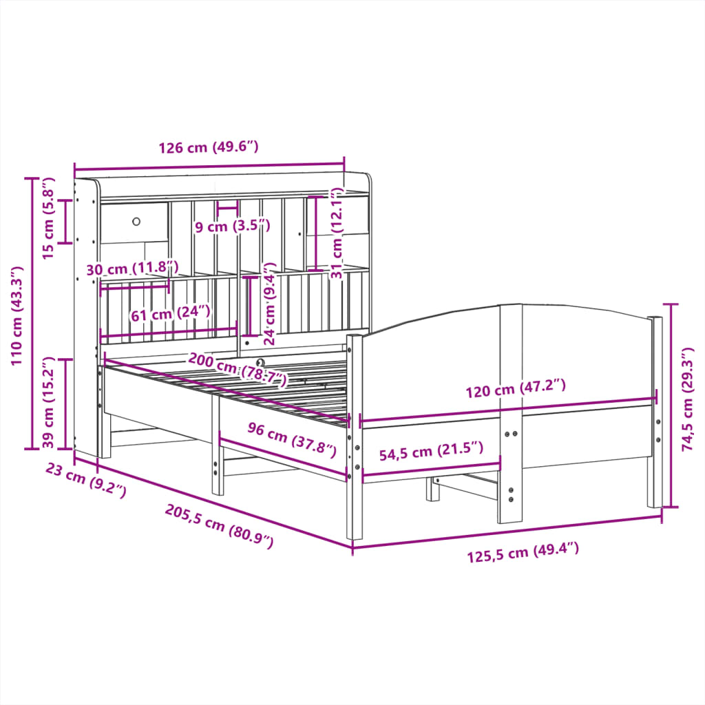 Bed met boekenkast zonder matras grenenhout wit 120x200 cm