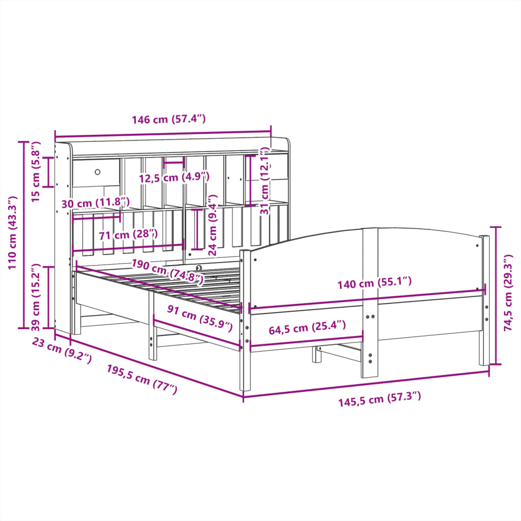 Bed met boekenkast zonder matras grenenhout wit 140x190 cm