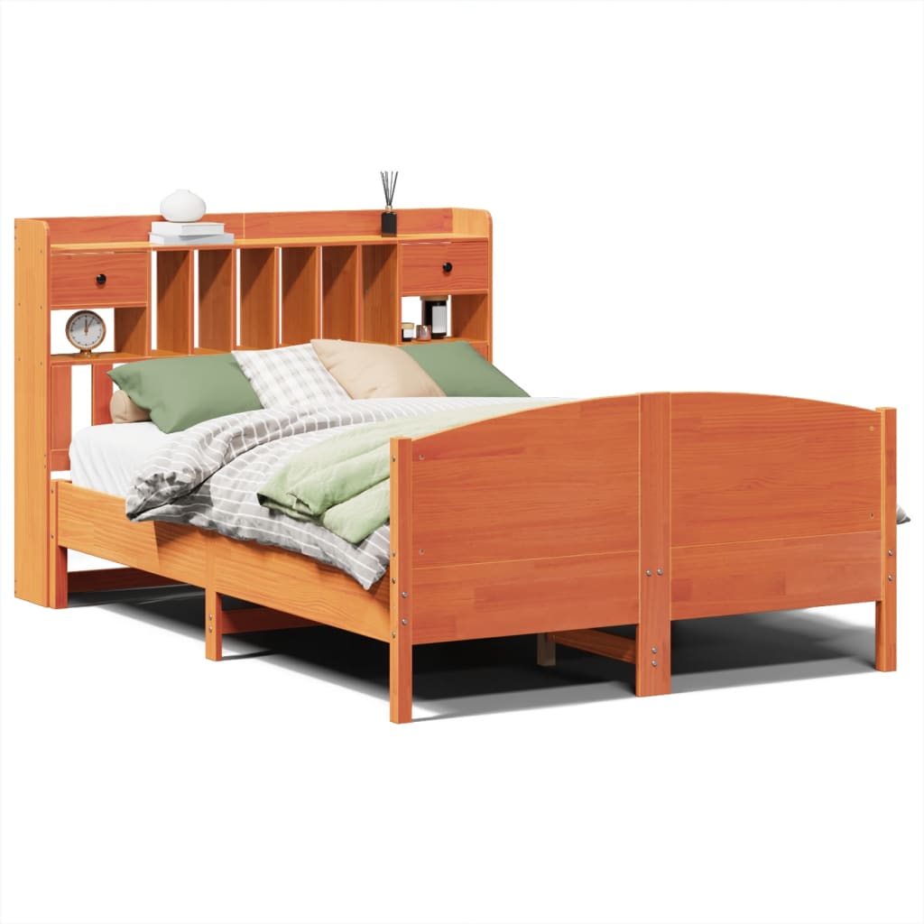 Bed met boekenkast zonder matras grenenhout wasbruin 140x190 cm