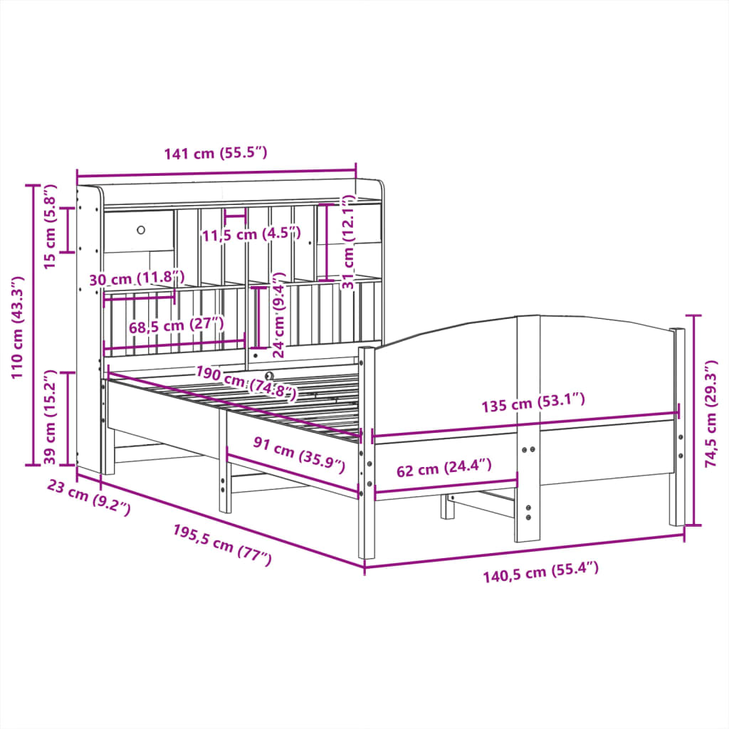 Bed met boekenkast zonder matras grenenhout wit 135x190 cm