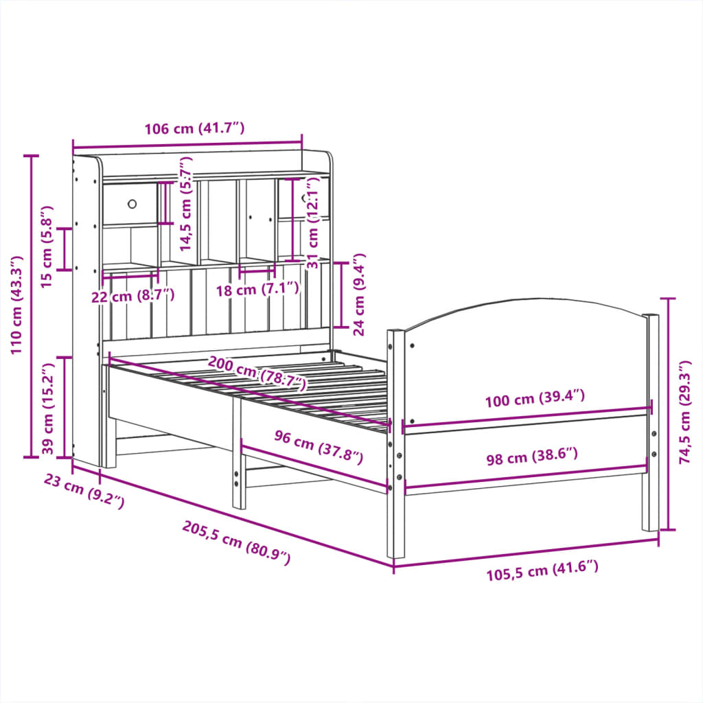 Bed met boekenkast zonder matras grenenhout wit 100x200 cm