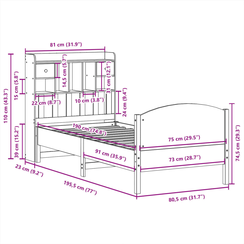 Bed met boekenkast zonder matras grenenhout wit 75x190 cm