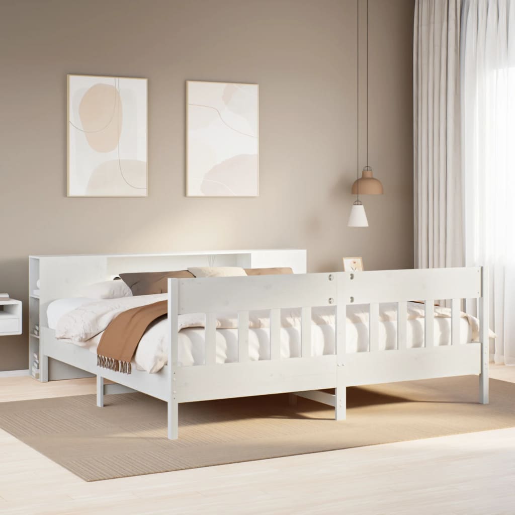 Bed met boekenkast zonder matras grenenhout wit 200x200 cm