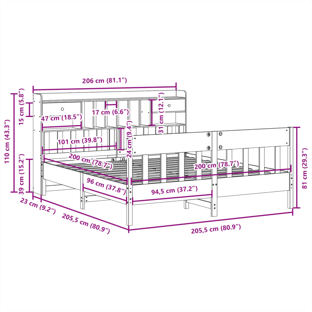 Bedframe zonder matras massief grenenhout wit 200x200 cm