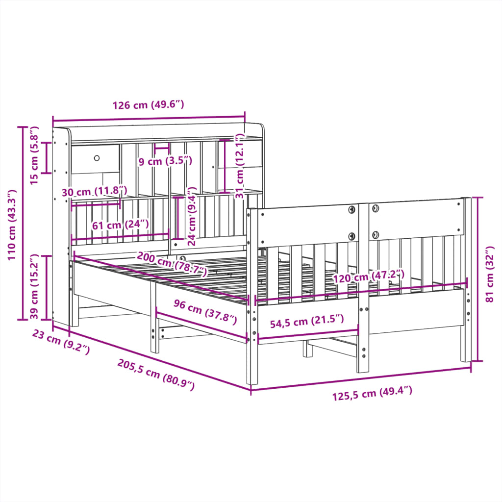 Bedframe zonder matras massief grenenhout wit 120x200 cm