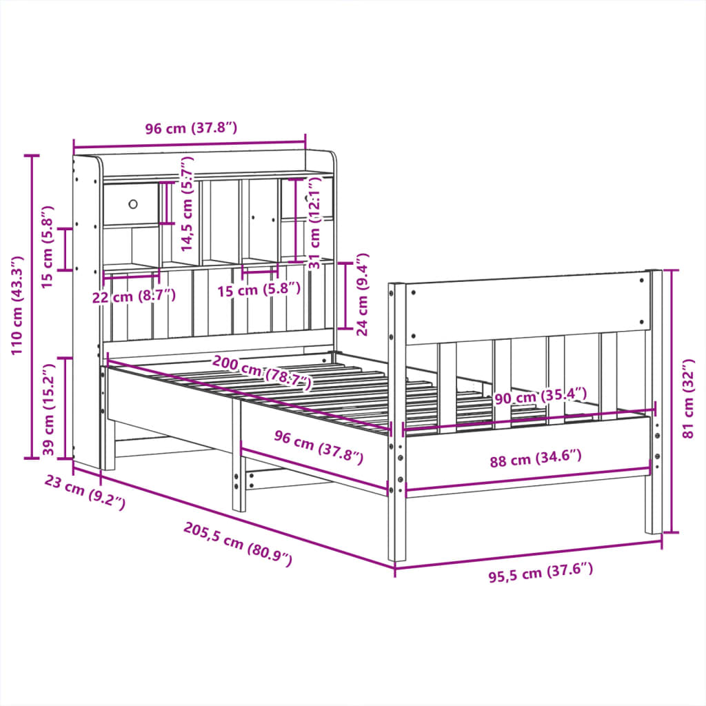 Bedframe zonder matras massief grenenhout 90x200 cm