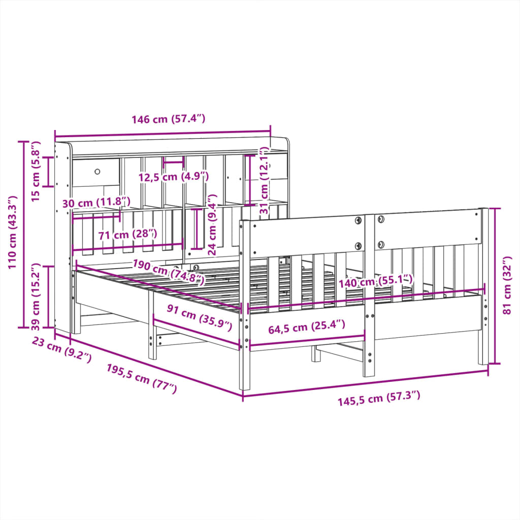 Bedframe zonder matras massief grenenhout wit 140x190 cm