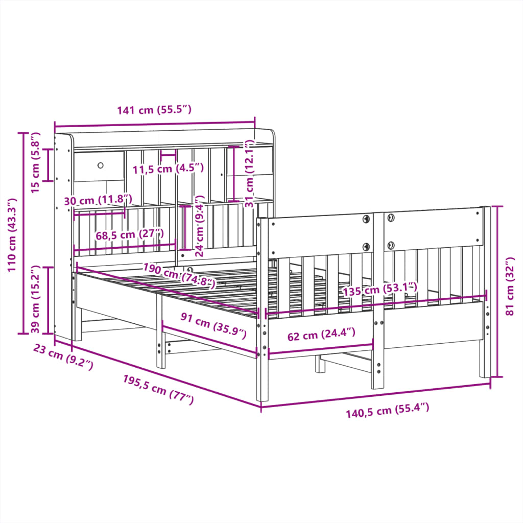 Bedframe zonder matras massief grenenhout wit 135x190 cm