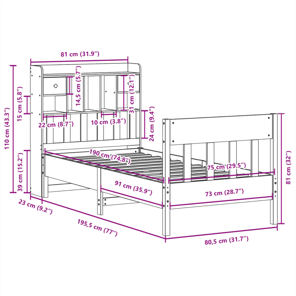 Bedframe zonder matras massief grenenhout wit 75x190 cm